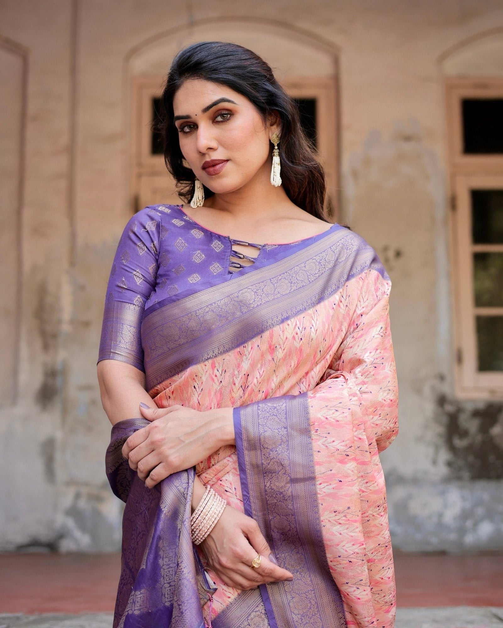 Peach and Purple Floral Digital Print Banarasi Silk Saree with Zari Weave and Tassel-Adorned Pallu BANARASI PRINTED