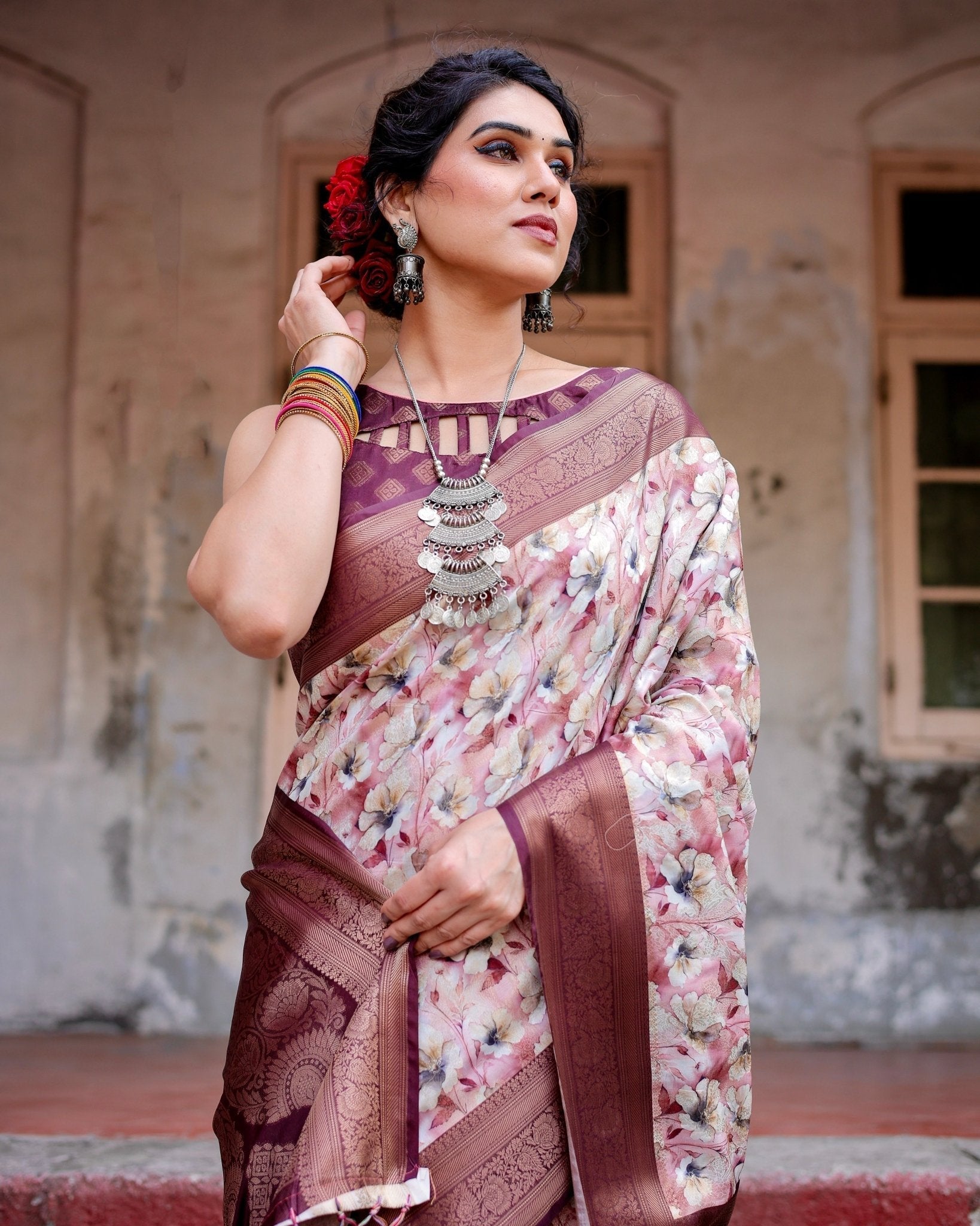 Elegant Wine Floral Banarasi Silk Saree with Zari Weave and Tassels BANARASI PRINTED