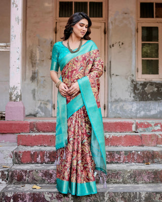 Maroon and Teal Paisley Design Banarasi Silk Saree with Zari Weave and Tassel-Embellished Pallu BANARASI PRINTED