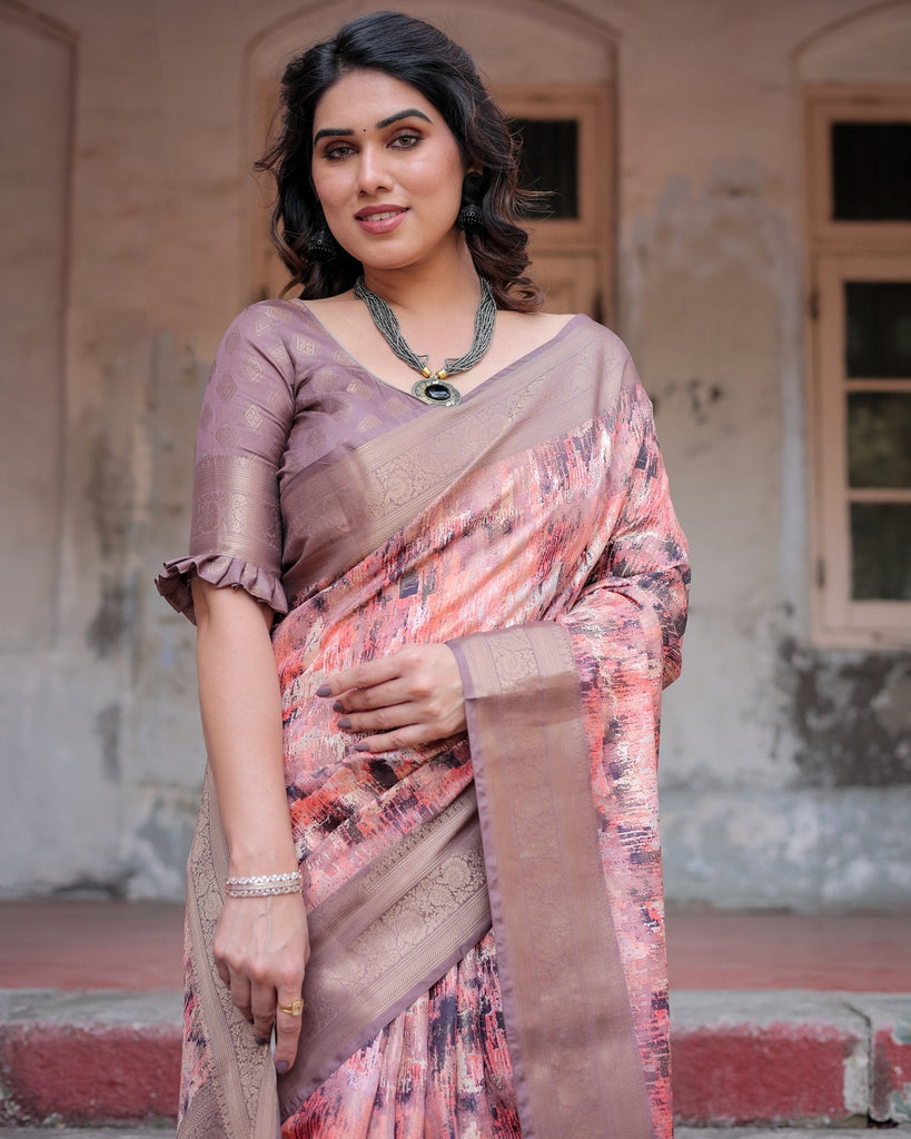 Peach and Brown Abstract Design Banarasi Silk Saree with Zari Weave and Tassel-Embellished Pallu BANARASI PRINTED