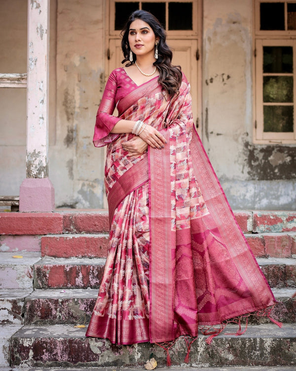 Pink and Maroon Abstract Digital Print Banarasi Silk Saree with Zari Weave and Tassel-Embellished Pallu BANARASI PRINTED