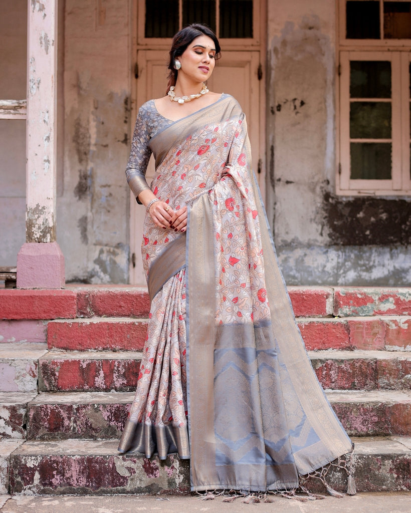 Elegant Grey Banarasi Silk Saree with Intricate Floral Design and Zari Weave BANARASI PRINTED