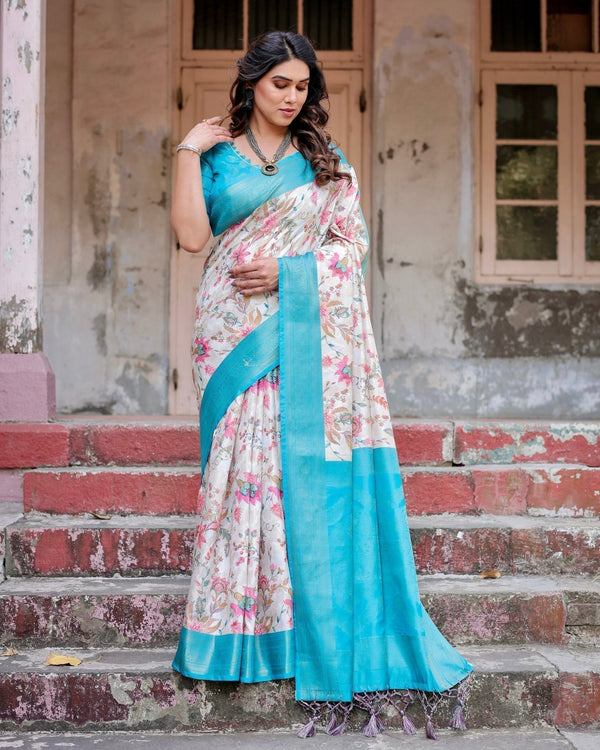 White and Aqua Floral Design Banarasi Silk Saree with Zari Weave and Tassel-Embellished Pallu BANARASI PRINTED