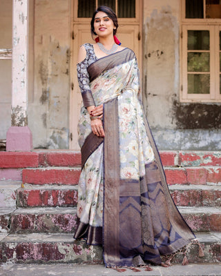 Elegant Gray Banarasi Silk Saree with Navy Blue Zari Weave, Floral Design, and Tassels BANARASI PRINTED