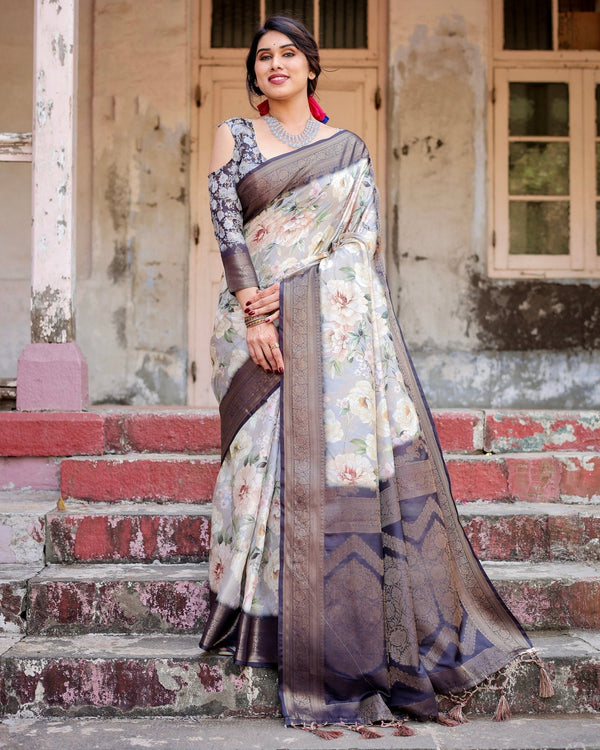 Elegant Gray Banarasi Silk Saree with Navy Blue Zari Weave, Floral Design, and Tassels BANARASI PRINTED