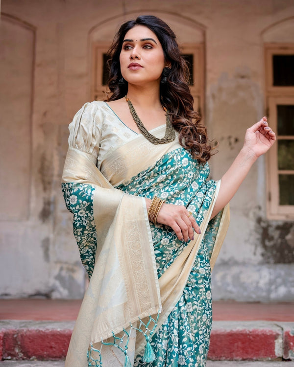 Teal and Cream Floral Banarasi Silk Saree with Zari Weave and Tassel-Accented Pallu BANARASI PRINTED