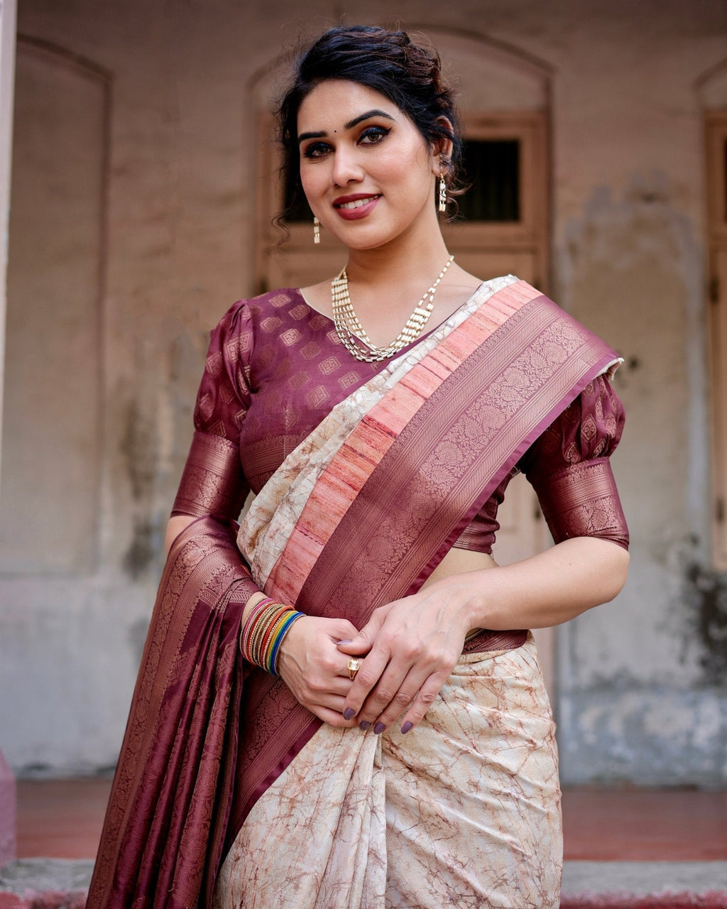 Marble-Print Banarasi Silk Saree in Deep Maroon with Zari Weaving and Tassels BANARASI PRINTED
