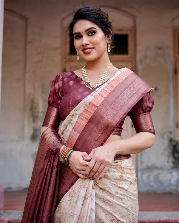 Marble-Print Banarasi Silk Saree in Deep Maroon with Zari Weaving and Tassels BANARASI PRINTED