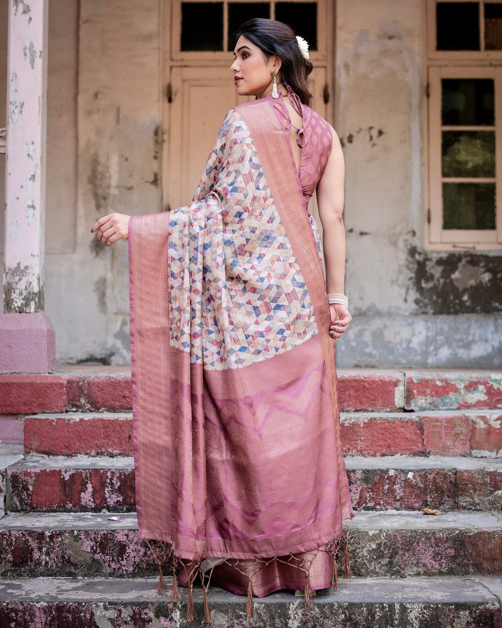 Beige and Pink Geometric Print Banarasi Silk Saree with Zari Weave and Tassel-Embellished Pallu BANARASI PRINTED