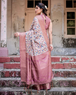 Beige and Pink Geometric Print Banarasi Silk Saree with Zari Weave and Tassel-Embellished Pallu BANARASI PRINTED