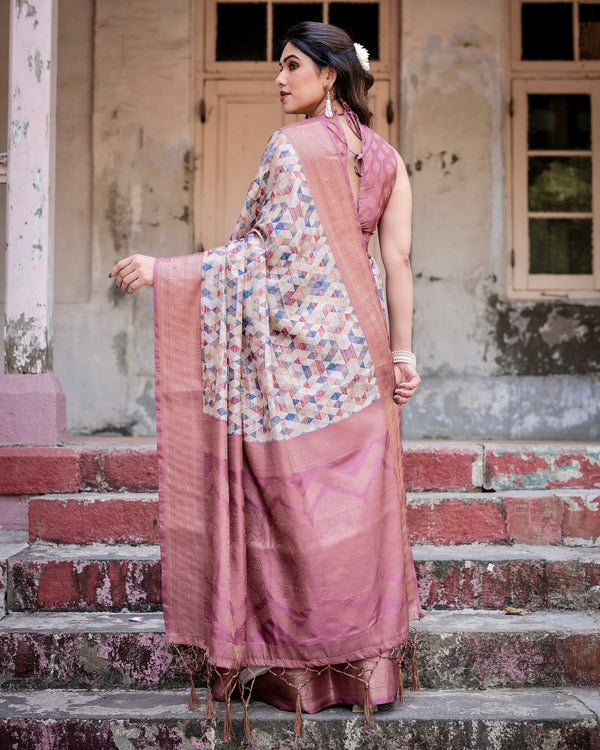 Beige and Pink Geometric Print Banarasi Silk Saree with Zari Weave and Tassel-Embellished Pallu BANARASI PRINTED