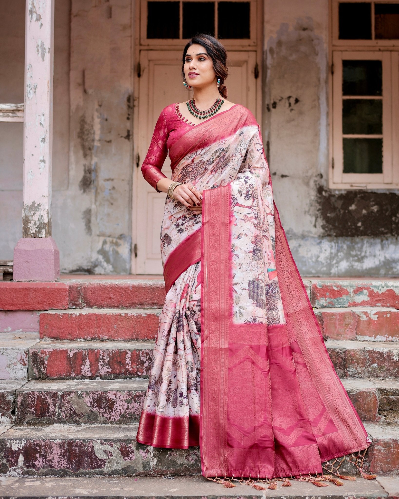 Graceful Fuchsia Pink Banarasi Silk Saree with Digital Forest Scenery Print & Zari Weave BANARASI PRINTED Main image