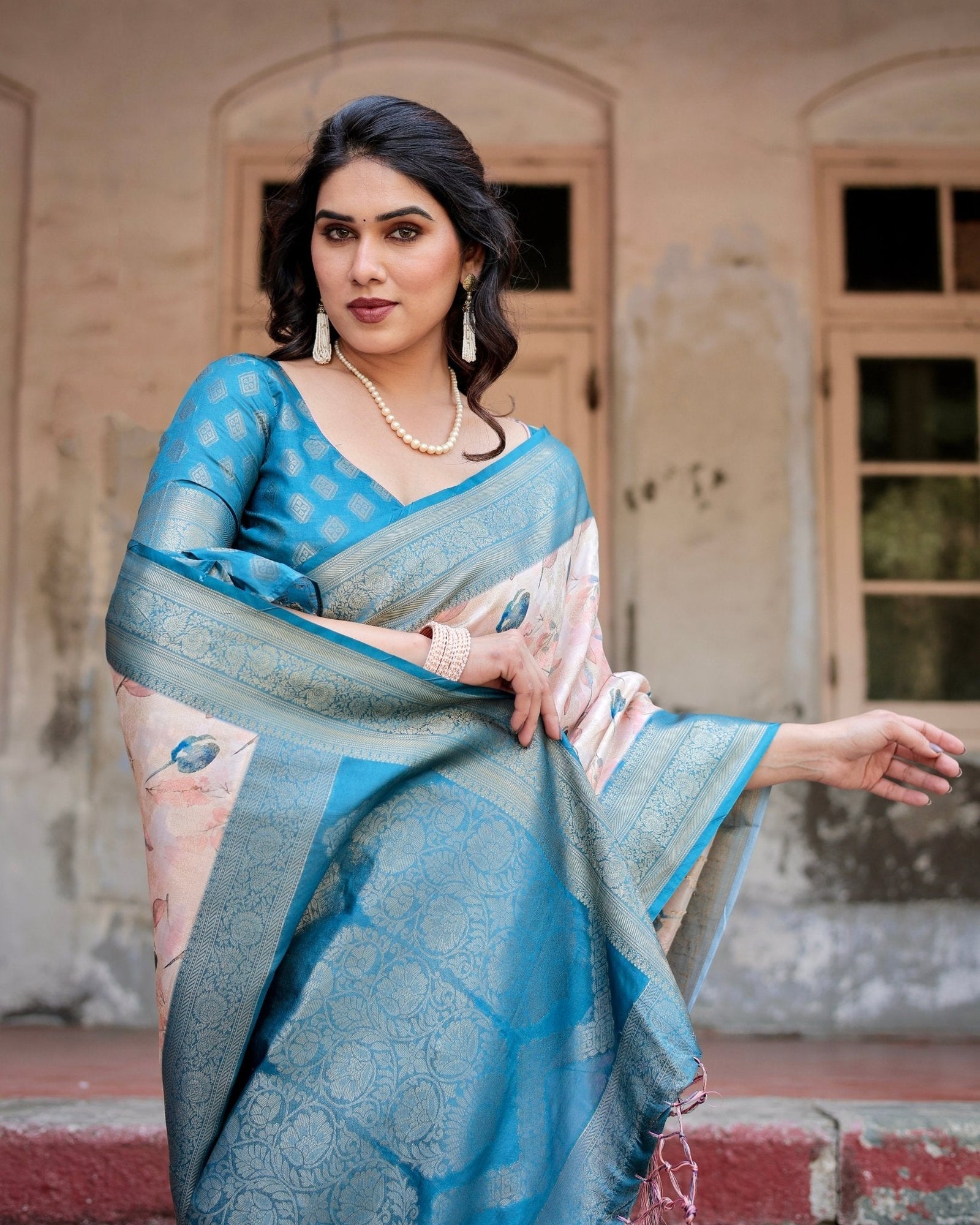 Peach and Teal Floral Digital Print Banarasi Silk Saree with Zari Weave and Tassel-Adorned Pallu BANARASI PRINTED