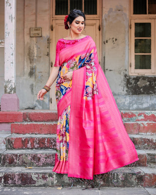 Hot Pink Multicolor Floral Digital Printed Banarasi Silk Saree with Zari Woven Border and Solid Pink Pallu - Includes Tassels BANARASI PRINTED