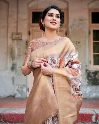 Elegant Beige Floral Banarasi Silk Saree with Zari Weave and Tassels BANARASI PRINTED