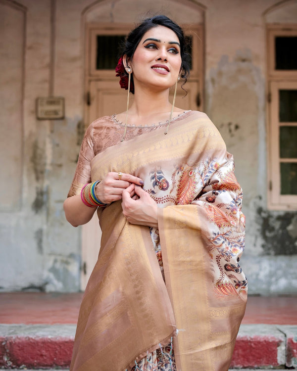 Elegant Beige Floral Banarasi Silk Saree with Zari Weave and Tassels BANARASI PRINTED
