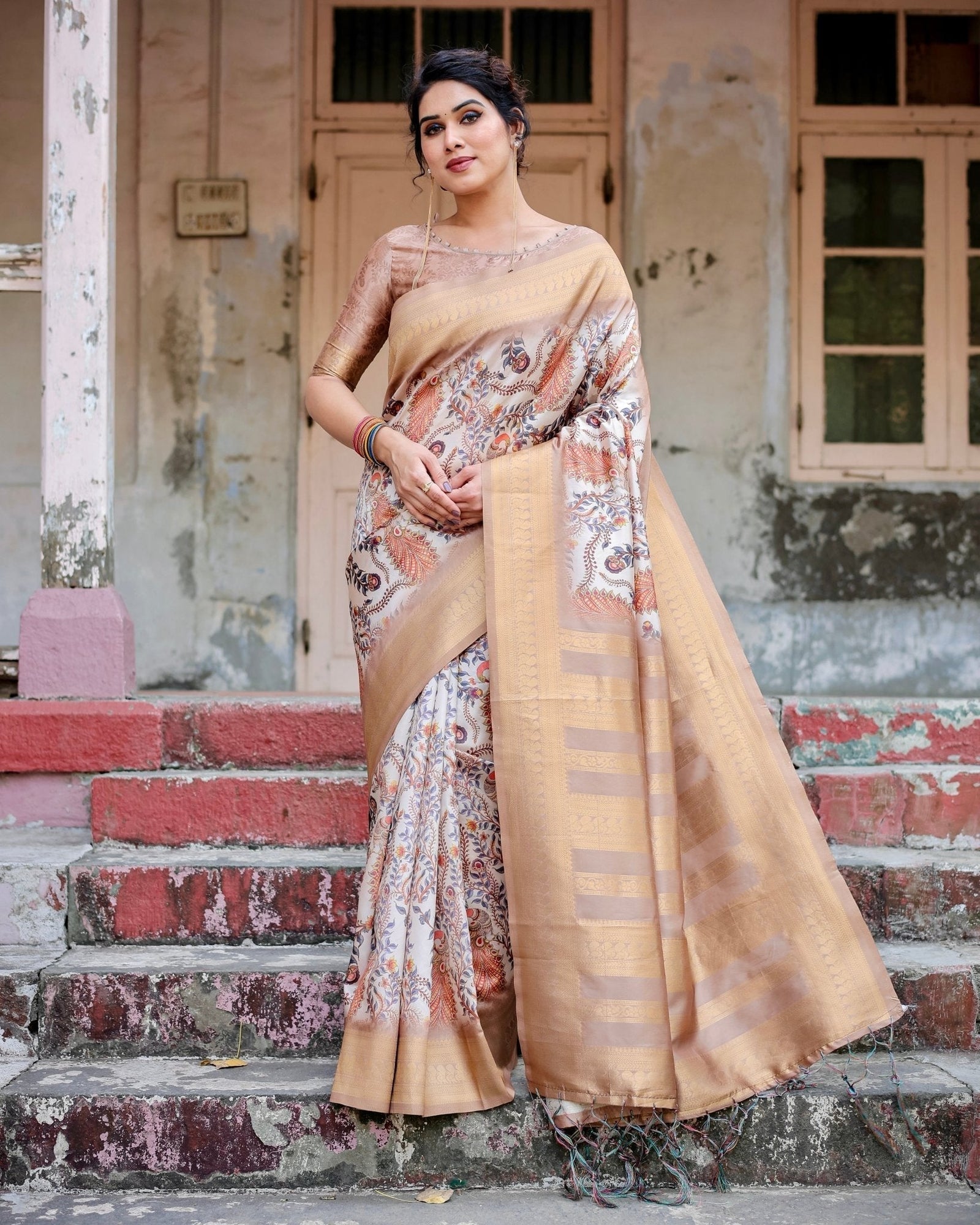 Elegant Beige Floral Banarasi Silk Saree with Zari Weave and Tassels BANARASI PRINTED