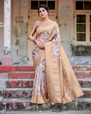 Elegant Beige Floral Banarasi Silk Saree with Zari Weave and Tassels BANARASI PRINTED