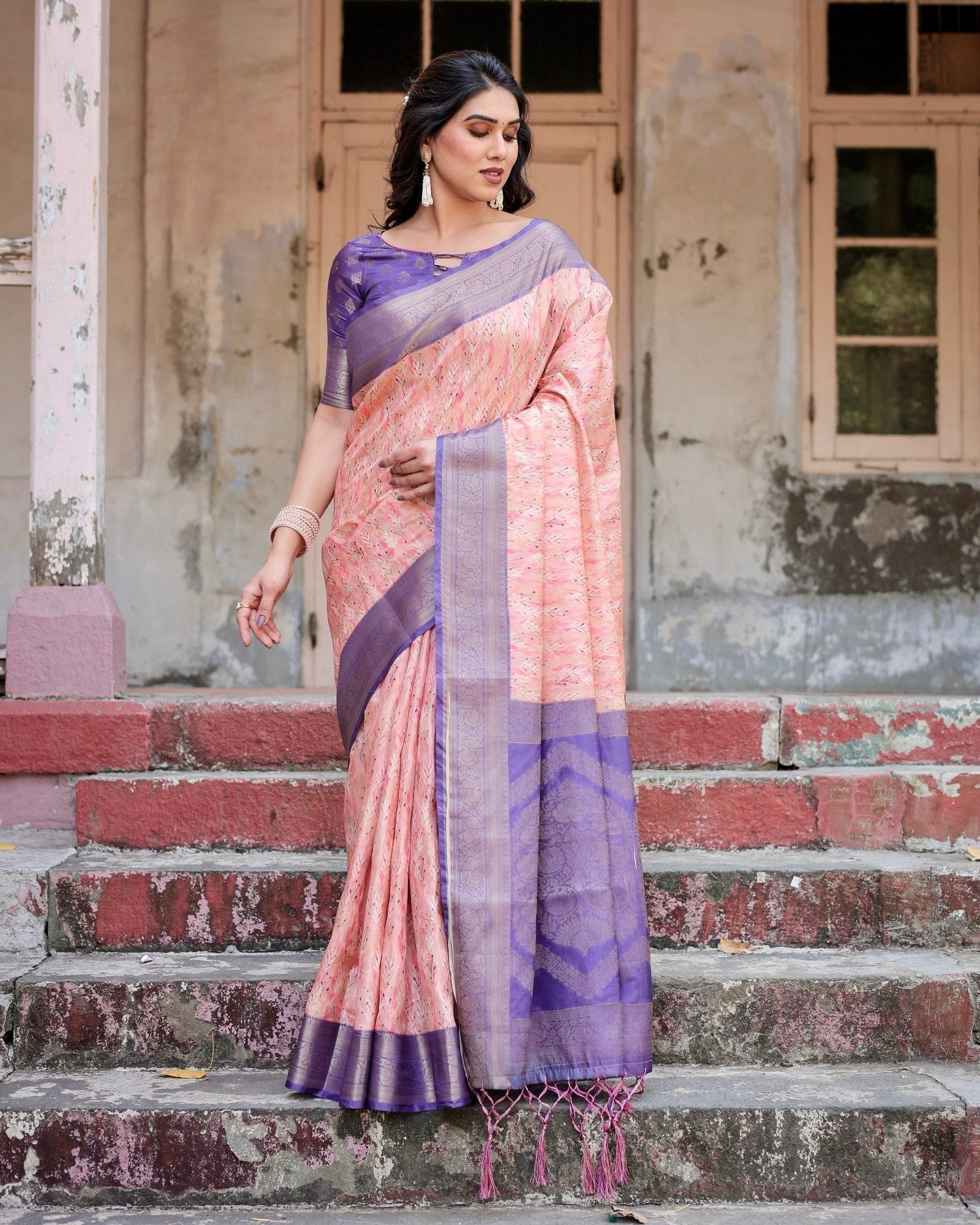 Peach and Purple Floral Digital Print Banarasi Silk Saree with Zari Weave and Tassel-Adorned Pallu BANARASI PRINTED
