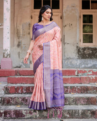 Peach and Purple Floral Digital Print Banarasi Silk Saree with Zari Weave and Tassel-Adorned Pallu BANARASI PRINTED