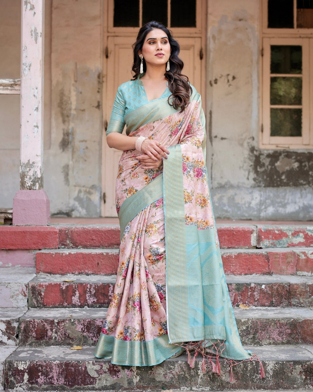 Pink and Green Floral Digital Print Banarasi Silk Saree with Zari Weave and Tassel Pallu BANARASI PRINTED Main image