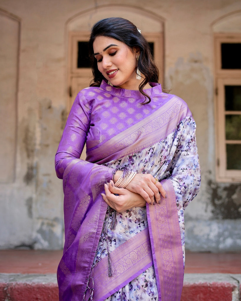 Lavender and White Geometric Floral Digital Print Banarasi Silk Saree with Zari Weave and Tassel-Embellished Pallu BANARASI PRINTED