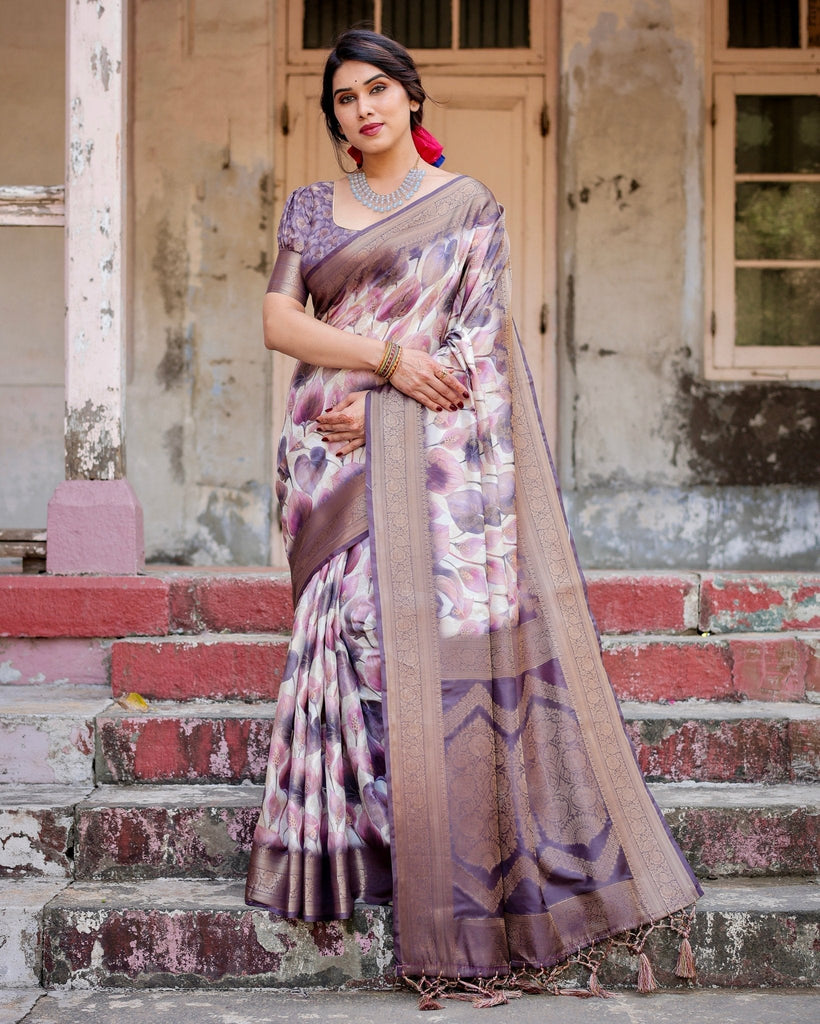 Elegant Purple Floral Banarasi Silk Saree with Intricate Zari Weave and Tassels BANARASI PRINTED