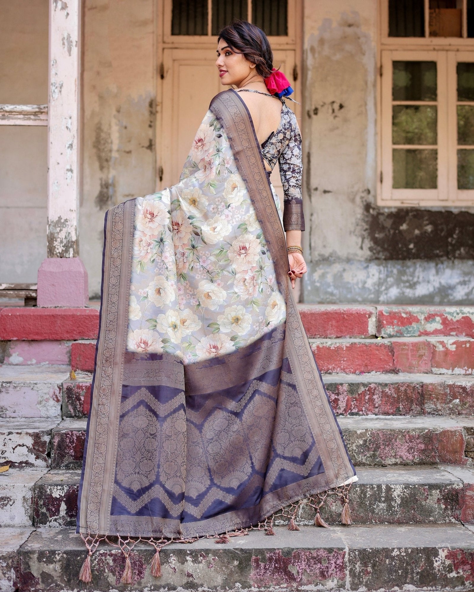 Elegant Gray Banarasi Silk Saree with Navy Blue Zari Weave, Floral Design, and Tassels BANARASI PRINTED