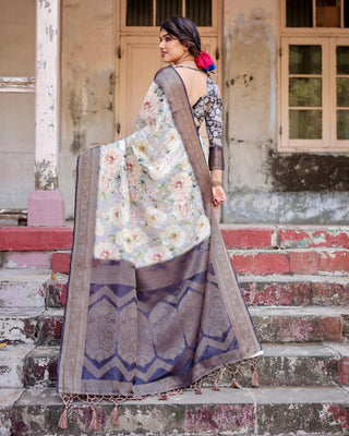 Elegant Gray Banarasi Silk Saree with Navy Blue Zari Weave, Floral Design, and Tassels BANARASI PRINTED