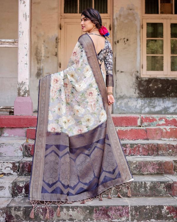 Elegant Gray Banarasi Silk Saree with Navy Blue Zari Weave, Floral Design, and Tassels BANARASI PRINTED
