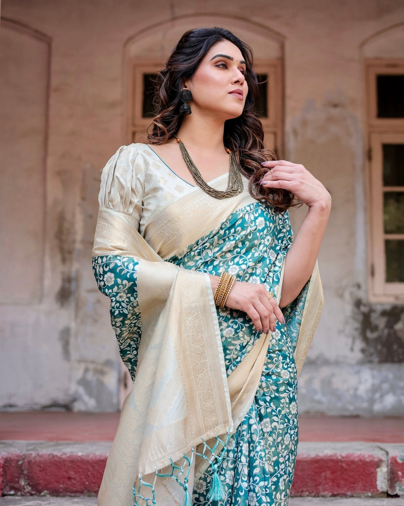 Teal and Cream Floral Banarasi Silk Saree with Zari Weave and Tassel-Accented Pallu BANARASI PRINTED