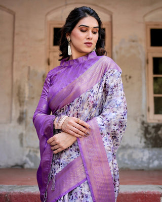 Lavender and White Geometric Floral Digital Print Banarasi Silk Saree with Zari Weave and Tassel-Embellished Pallu BANARASI PRINTED