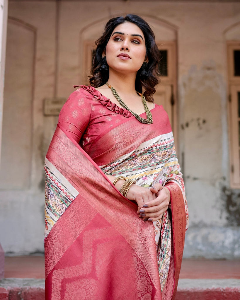 Red and Multicolor Digital Print Banarasi Silk Saree with Zari Weave and Tassel-Adorned Pallu BANARASI PRINTED
