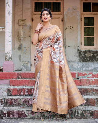 Elegant Beige Floral Banarasi Silk Saree with Zari Weave and Tassels BANARASI PRINTED