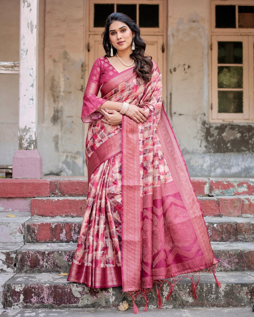 Pink and Maroon Abstract Digital Print Banarasi Silk Saree with Zari Weave and Tassel-Embellished Pallu BANARASI PRINTED
