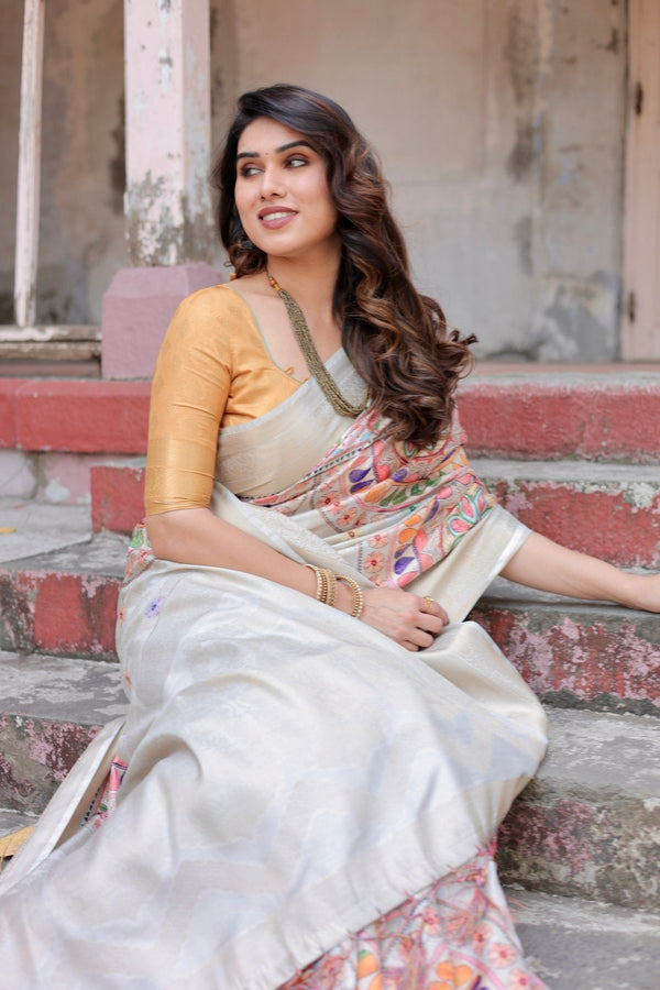 Off-White and Multicolor Mandala Design Banarasi Silk Saree with Zari Weave and Tassel-Adorned Pallu BANARASI PRINTED