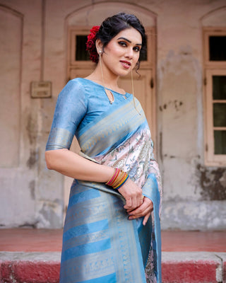Elegant Floral Banarasi Silk Saree in Sky Blue and Blush Pink with Zari Weave and Tassels BANARASI PRINTED