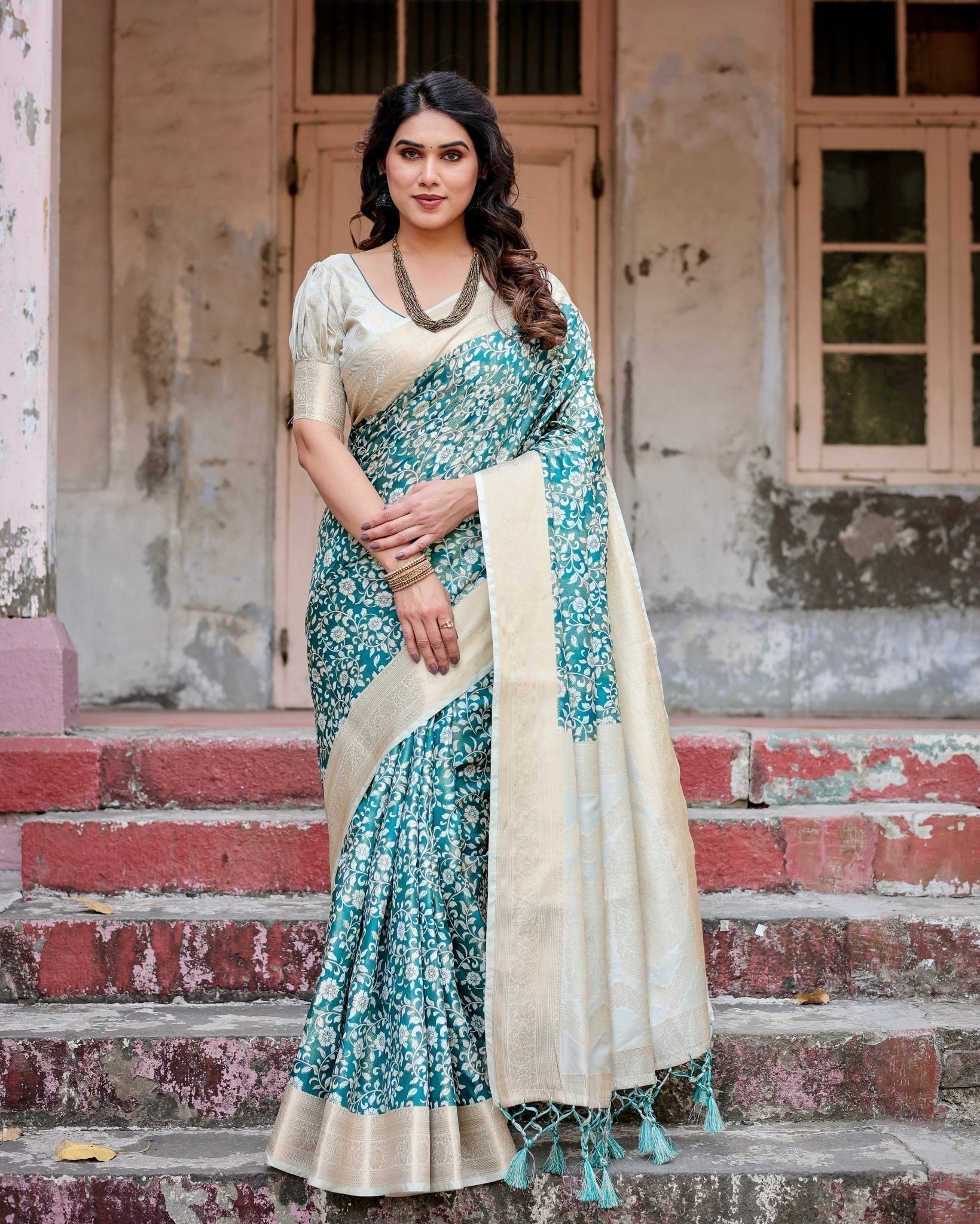 Teal and Cream Floral Banarasi Silk Saree with Zari Weave and Tassel-Accented Pallu Secondary image