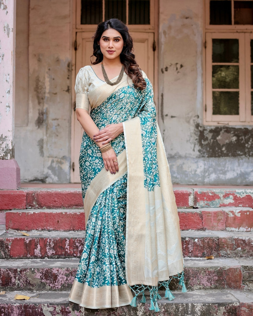 Teal and Cream Floral Banarasi Silk Saree with Zari Weave and Tassel-Accented Pallu BANARASI PRINTED