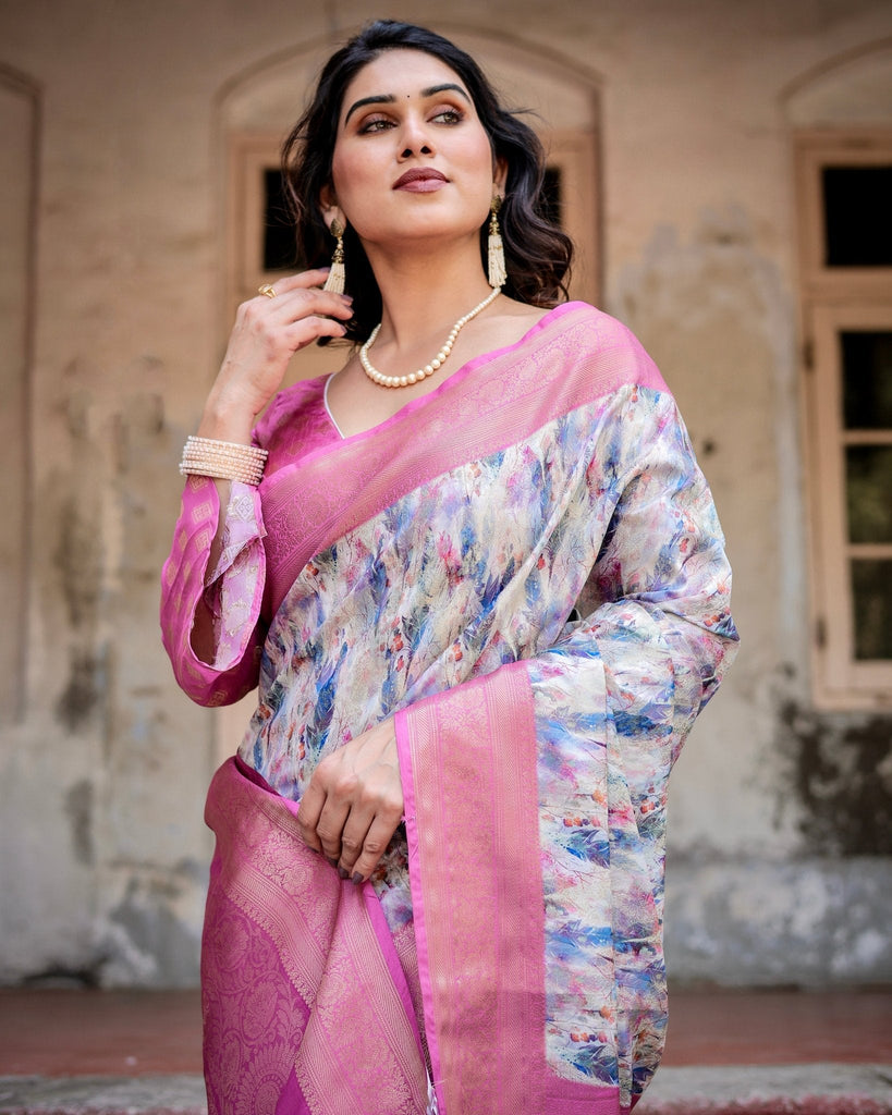 White and Pink Floral Digital Print Banarasi Silk Saree with Zari Weave and Tassel-Embellished Pallu BANARASI PRINTED