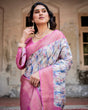 Load image into Gallery viewer, White and Pink Floral Digital Print Banarasi Silk Saree with Zari Weave and Tassel-Embellished Pallu BANARASI PRINTED