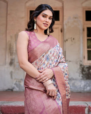 Beige and Pink Geometric Print Banarasi Silk Saree with Zari Weave and Tassel-Embellished Pallu BANARASI PRINTED