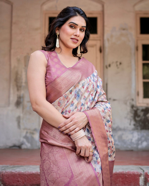 Beige and Pink Geometric Print Banarasi Silk Saree with Zari Weave and Tassel-Embellished Pallu BANARASI PRINTED