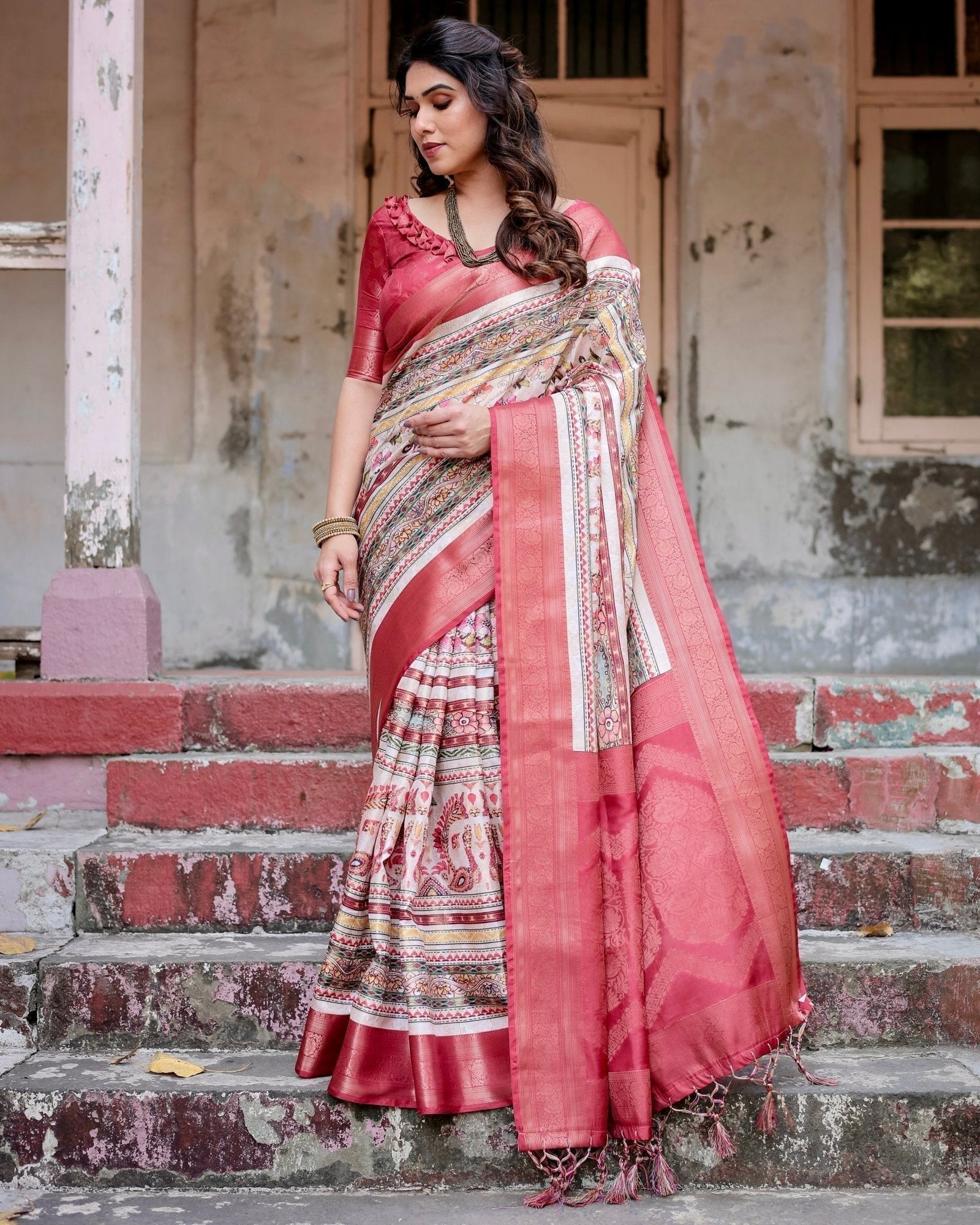 Red and Multicolor Digital Print Banarasi Silk Saree with Zari Weave and Tassel-Adorned Pallu BANARASI PRINTED