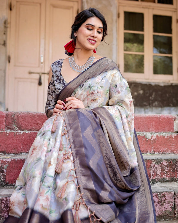 Elegant Gray Banarasi Silk Saree with Navy Blue Zari Weave, Floral Design, and Tassels BANARASI PRINTED
