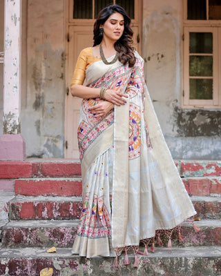 Off-White and Multicolor Mandala Design Banarasi Silk Saree with Zari Weave and Tassel-Adorned Pallu BANARASI PRINTED