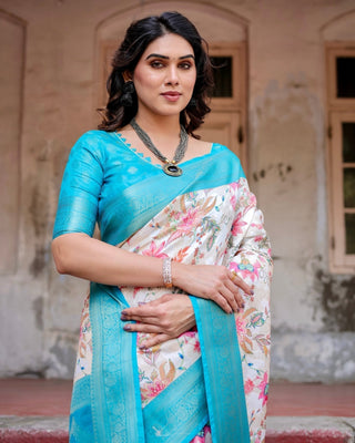 White and Aqua Floral Design Banarasi Silk Saree with Zari Weave and Tassel-Embellished Pallu BANARASI PRINTED