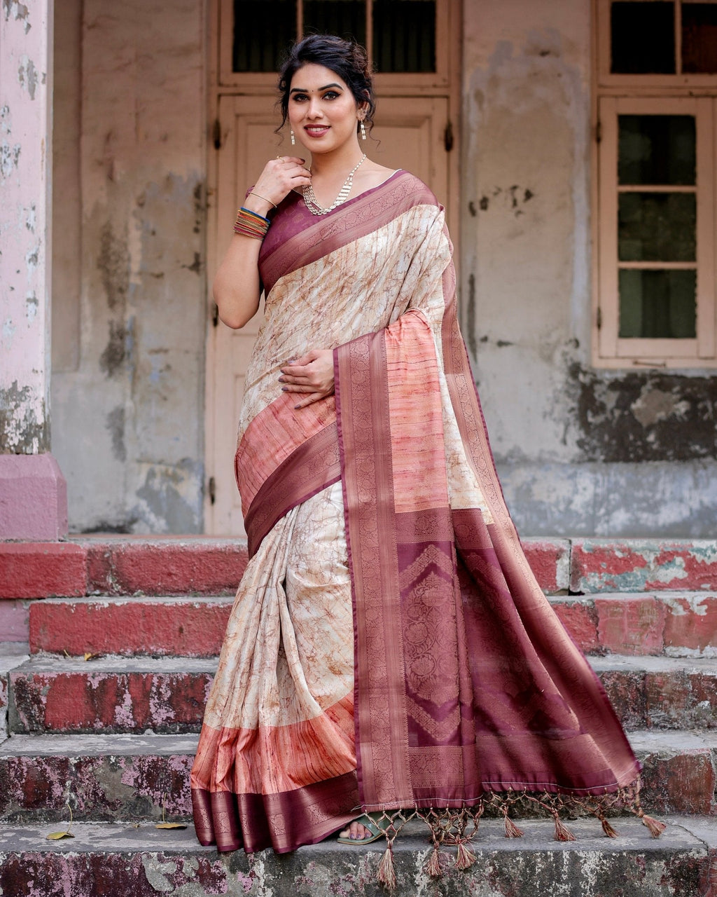 Marble-Print Banarasi Silk Saree in Deep Maroon with Zari Weaving and Tassels BANARASI PRINTED