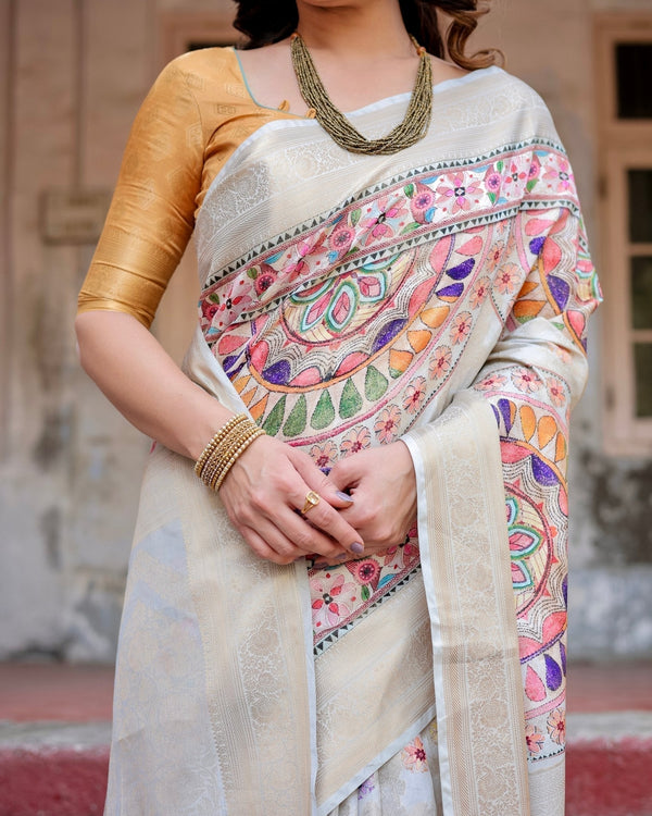 Off-White and Multicolor Mandala Design Banarasi Silk Saree with Zari Weave and Tassel-Adorned Pallu BANARASI PRINTED