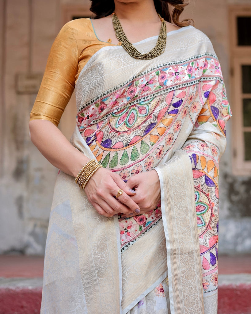Off-White and Multicolor Mandala Design Banarasi Silk Saree with Zari Weave and Tassel-Adorned Pallu BANARASI PRINTED